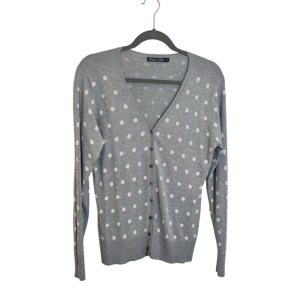 WoolOvers Lightweight Cardigan Sweater Size M Gray Silk‎ Cotton Polka Dot Preppy